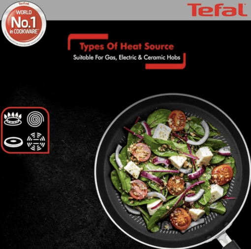 Tefal Delicia Powerglide Non-Stick Tawa 26 cm, Kadhai 24 cm, Fry 24 cm with Lid, Spatula (Pack of 4, Black), Standard, (B154S584) - Image 5